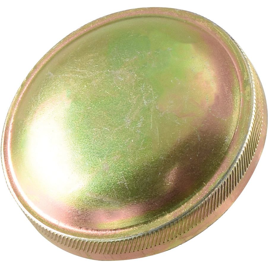 A close-up of a round, metallic Fuel Cap - S.58772 by Sparex with a smooth, shiny surface and a threaded edge, possibly resembling a lid or cap.