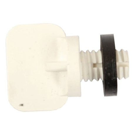 A white plastic screw-in fastener with a flat rectangular head and a black washer, suitable for use in the Sparex Fuel Drain Screw Kit (Sparex Part No.S.75583) designed for Ford / New Holland vehicles.
