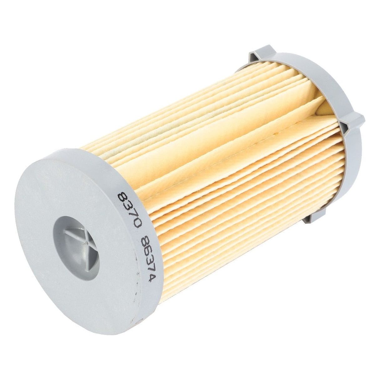 Massey Ferguson fuel element, model V837086374, by AGCO, featuring a cylindrical paper pleated filter with gray plastic caps at both ends. Suitable for various Fendt models.