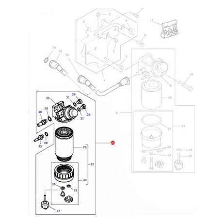 A technical diagram illustrating the components and assembly of a fuel filter system, labeled with part numbers for easy reference, compatible with Massey Ferguson 5400 Series tractors. This system features the *SPECIAL PRICE* JMCE DEALS Massey Ferguson Fuel Filter - 4226820M1.