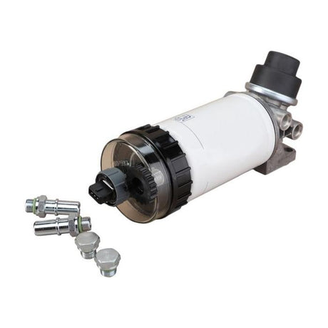 A *SPECIAL PRICE* - Massey Ferguson - Fuel Filter - 4226820M1 with a white cylindrical body, a clear section, and a black top from the 7400 Series, accompanied by several metallic connectors and fittings, by JMCE DEALS.