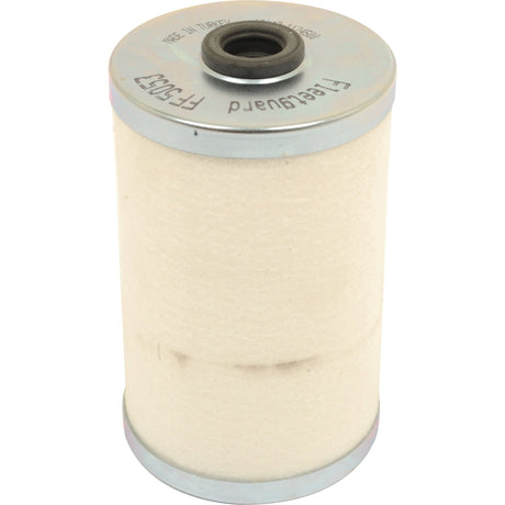 The Sparex Fuel Filter - Element - FF5053 (Sparex Part No.S.76845) features a metal top and bottom casing. Its body appears to be made of white, fibrous material. The top has a black ring opening, bearing some printed text, making it an ideal component for machinery like the Claas JAGUAR.