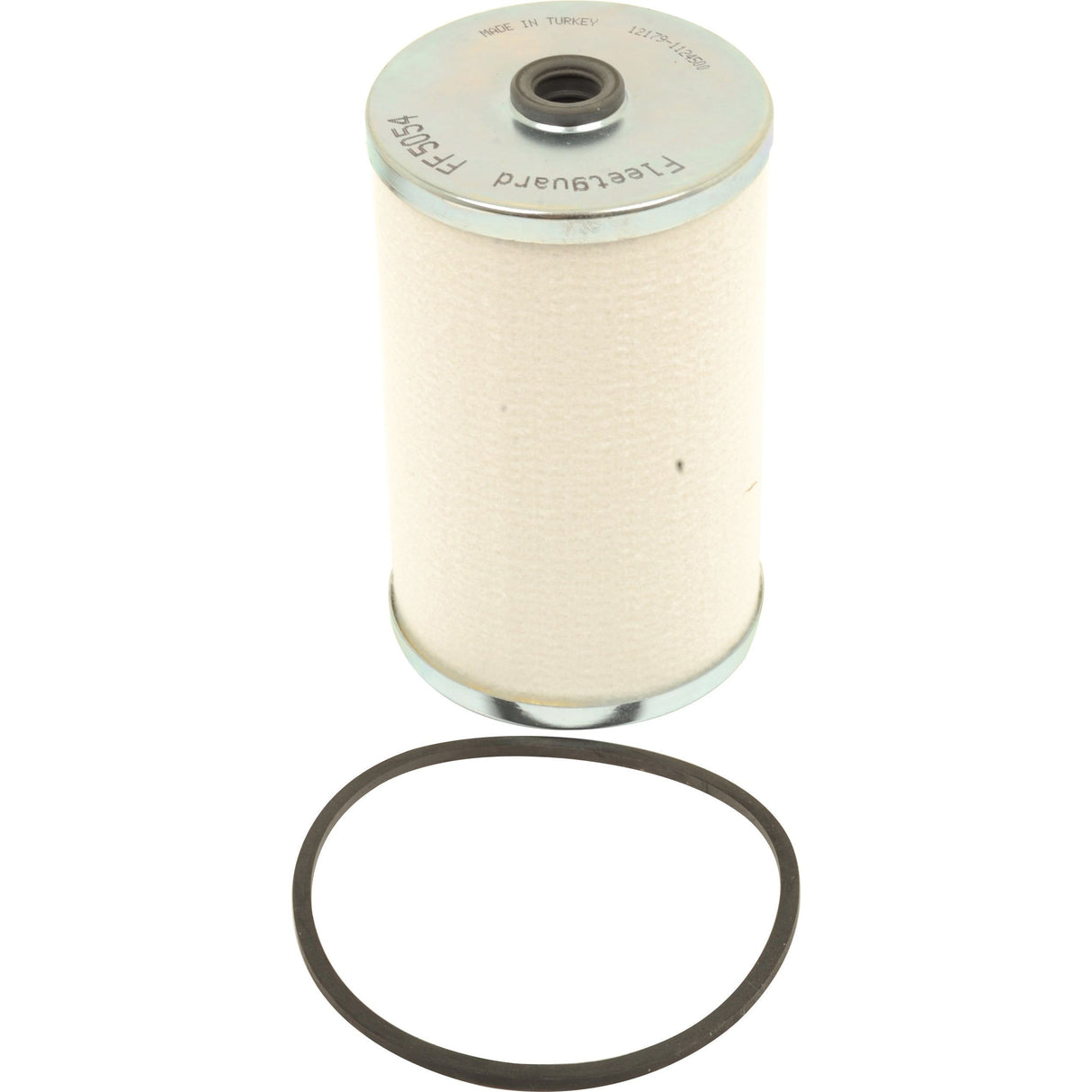 Image of a cylindrical automotive filter element, likely a Fuel Filter, and a black rubber O-ring gasket placed below it on a plain white background. The filter has metal ends and appears to be unused. Resembling the Sparex Fuel Filter - Element - FF5054 (Sparex Part No.S.76847), this component is ideal for Claas DOMINATOR machinery.