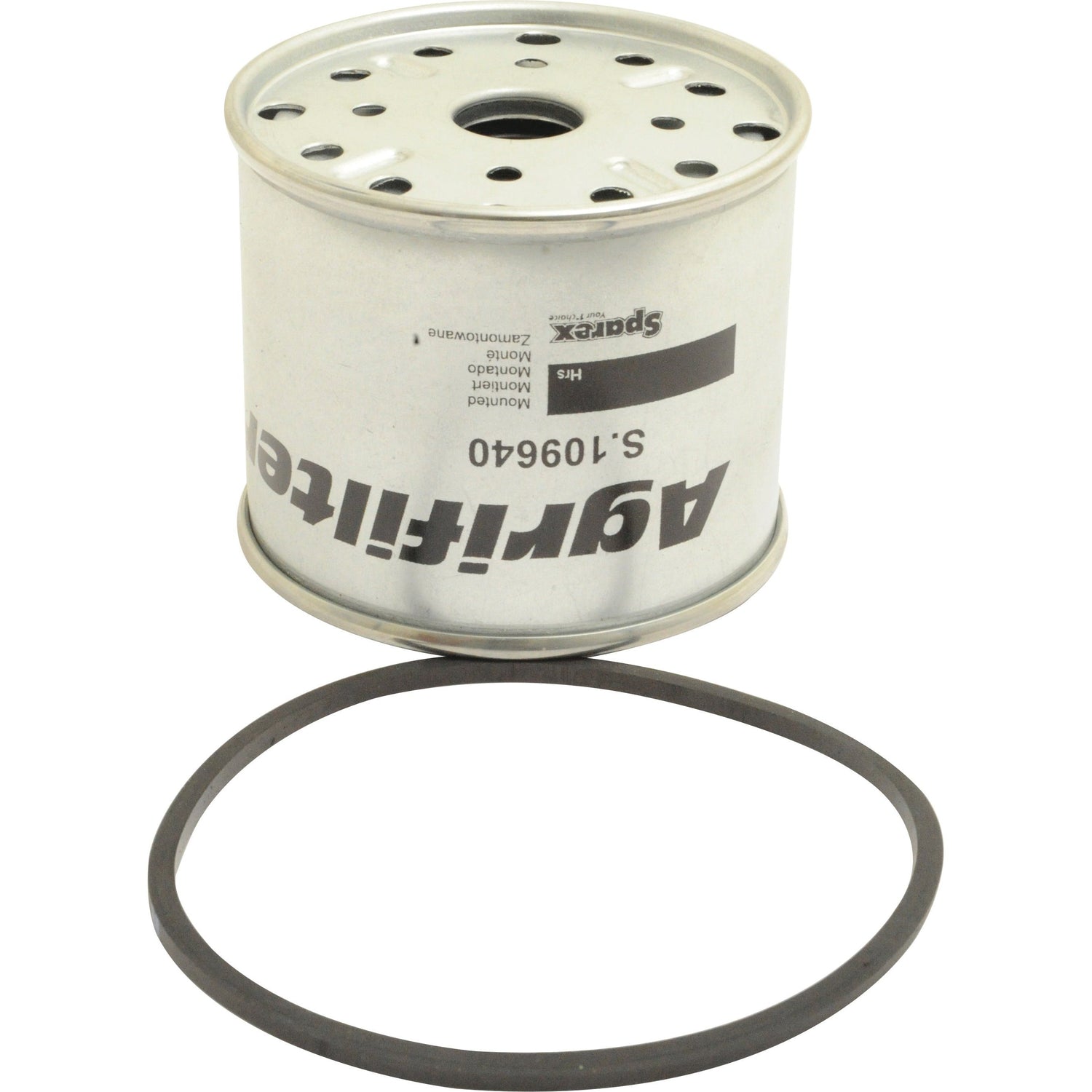 A cylindrical Sparex fuel filter element, part number S.109640, with multiple holes on top, featuring the "Agrifilter" label and positioned above a black rubber O-ring. It is compatible with Massey Ferguson and Case IH equipment.