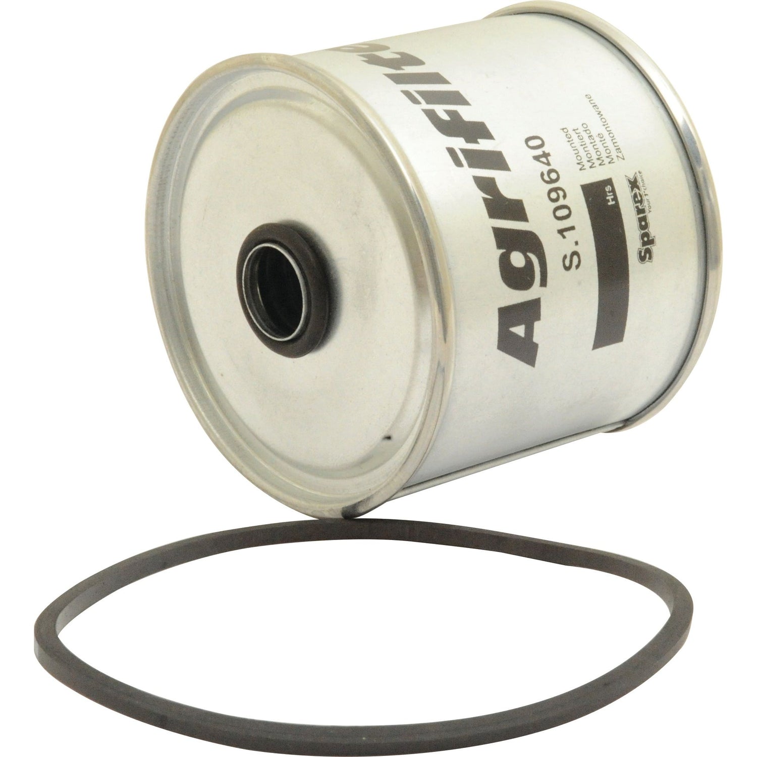 A cylindrical metal fuel filter labeled "Sparex Part No. S.109640" is shown with a circular rubber gasket, compatible with Case IH and Massey Ferguson applications.