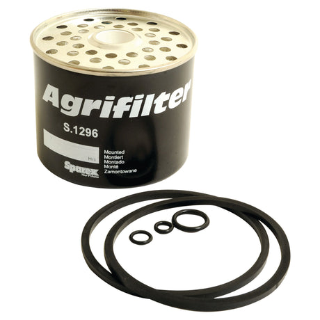 The Sparex Fuel Filter - Element (Part No. S.1296) is designed for Case IH International Harvester and comes with three different-sized rubber O-rings and a rubber band in front of it.