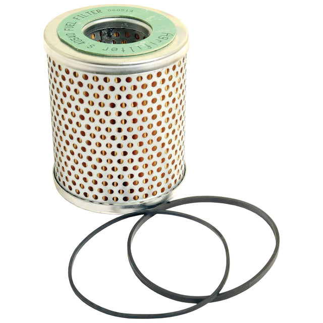 The Sparex Fuel Filter - Element (Sparex Part No. S.40540) is a cylindrical filter featuring a perforated metal casing and includes two rubber sealing rings placed beside it, making it suitable for David Brown and Massey Ferguson tractors.