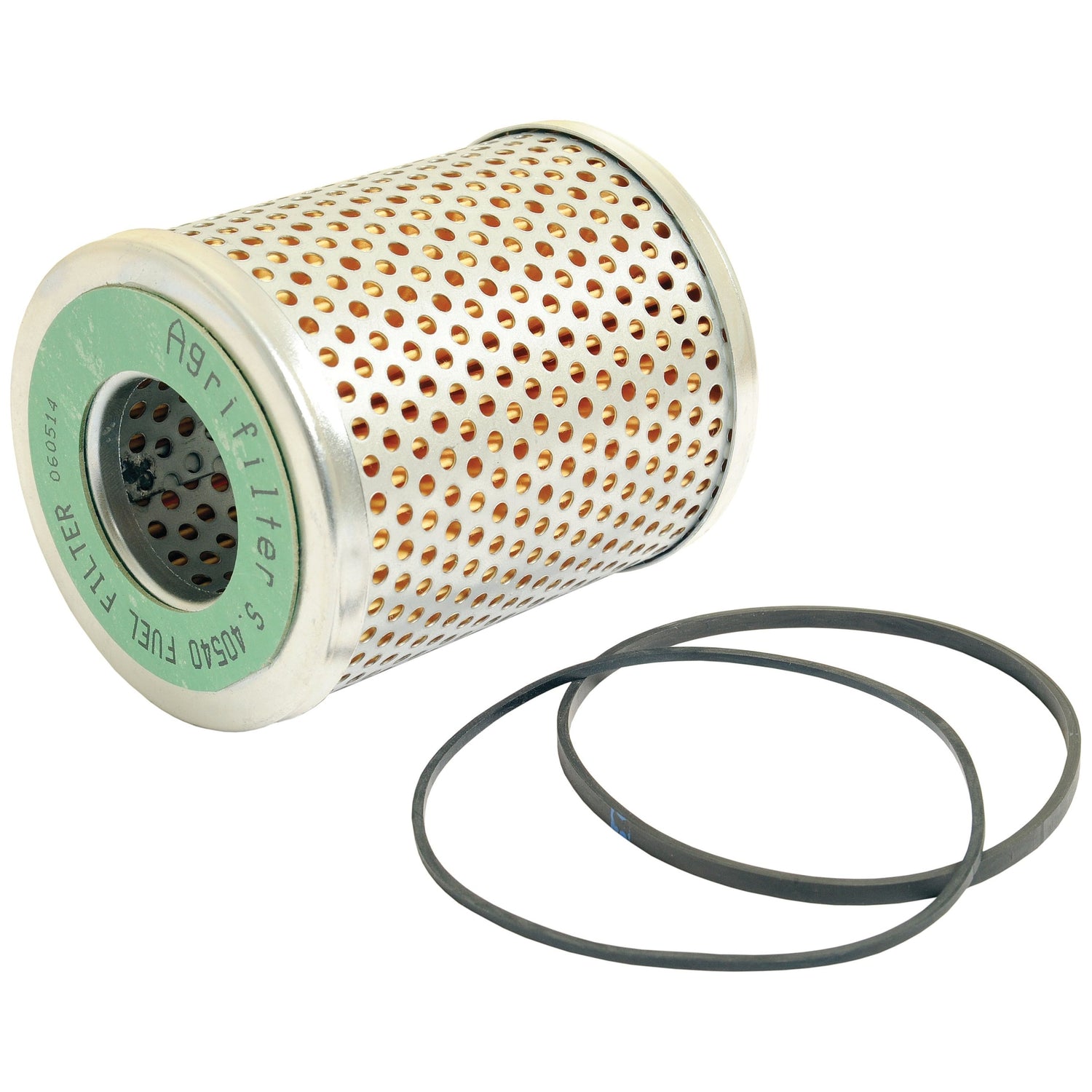 A cylindrical Sparex Fuel Filter - Element (Sparex Part No. S.40540) with a perforated metal housing and two rubber O-rings placed beside it, suitable for David Brown tractors.