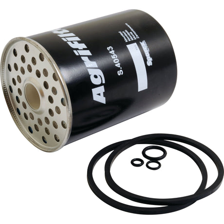 A black cylindrical fuel filter with "Sparex" branding, part number S.40543, labeled as the Fuel Filter - Element, sits beside four rubber O-rings of various sizes, a vital component listed on the Perkins Build List.