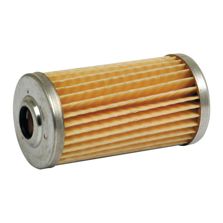 The Fuel Filter - Element, Sparex Part No. S.61810, is a cylindrical air filter featuring pleated paper and metal end caps, designed for use in automotive or machinery applications and is compatible with John Deere equipment.