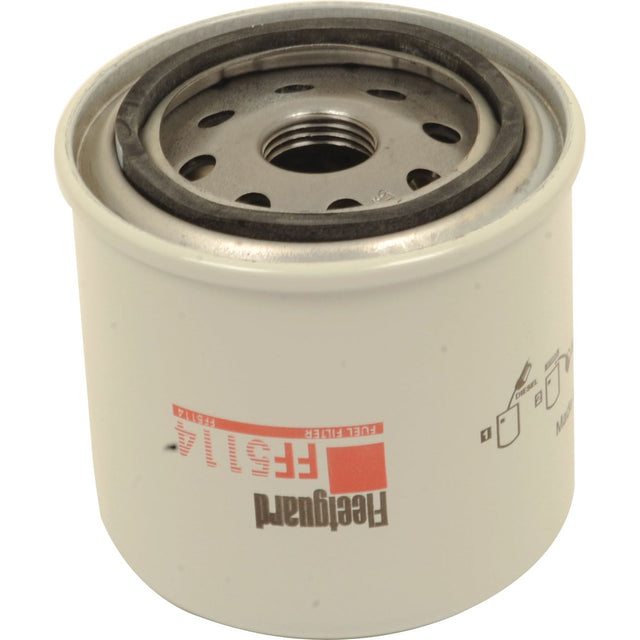 Close-up of a white Sparex Fuel Filter - Spin On - FF5114 (Part No. S.76995) with a metal rim and several circular holes, showcasing intricate automotive component details.