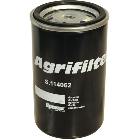 A cylindrical black fuel filter with "Sparex S.114062" and "Sparex New Power" printed on it in white text, featuring a convenient spin-on design.