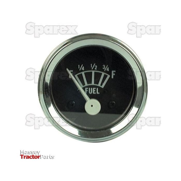 The fuel gauge, Sparex Part No. S.41062, features a circular design with labeled markers at 1/4, 1/2, 3/4, and F. The needle is positioned just below the 1/2 mark. This gauge comes with a silver rim and is branded by Sparex with "Massey Tractor Parts" printed at the bottom left corner. It includes a 12V display suitable for fitting in Massey Ferguson tractors.