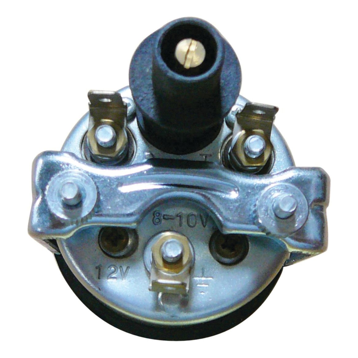 Close-up view of the back of the Sparex Fuel Gauge - 12V with four terminal connectors and markings indicating 8-10V and 12V spade connectors, Sparex Part No. S.41406.