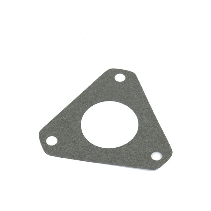 The Sparex Fuel Injection Pump Gasket, Part No. S.42134, designed for a Massey Ferguson fuel injection pump, features a triangular shape with three holes at each corner and a larger circular cutout in the center, presented against a plain white background.