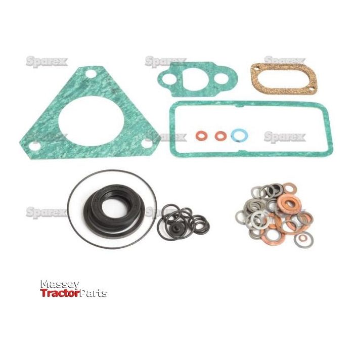A Fuel Injection Pump Gasket from Sparex, Part No. S.44021, is displayed against a white background, accompanied by various gasket and seal kit components including O-rings and washers for Case IH Engine Models.