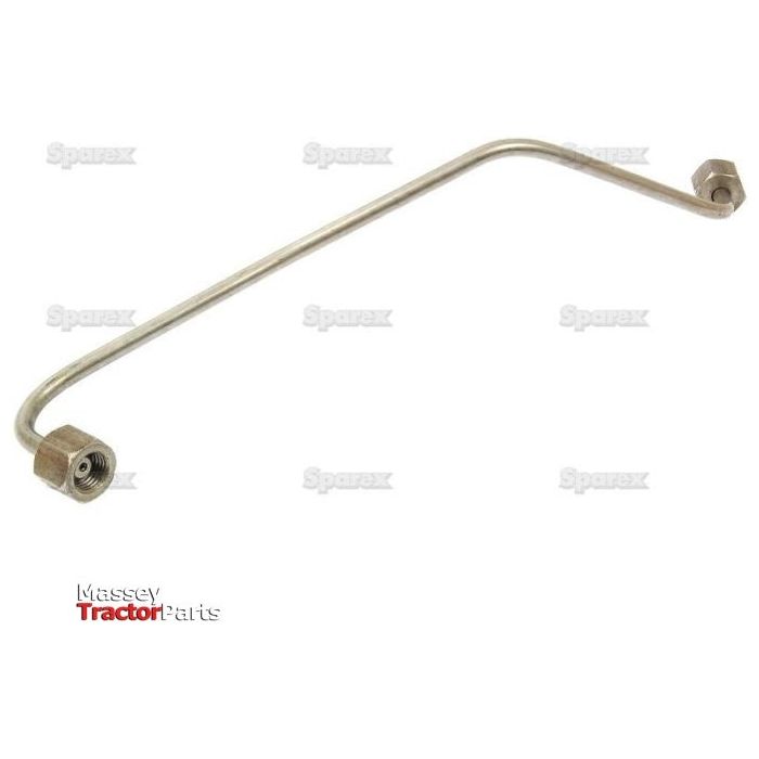 A metallic fuel injector pipe with two bent ends, each featuring a hexagonal fitting. The background is white with faint logos and the text "Massey Tractor Parts" in the bottom left corner. Ideal for Massey Ferguson and Allis Chalmers models, this part ensures efficient fuel flow in your machinery. This product is known as the Fuel Injector Pipe | Sparex Part No.S.41436 by Sparex.