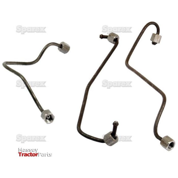 Three metal hydraulic lines with threaded ends are displayed against a white background, featuring a watermark of "Sparex" and a "Massey Tractor Parts" logo in the lower left corner, making it an essential Fuel Injector Pipe Set (Sparex Part No. S.41608) for Massey Ferguson tractors.