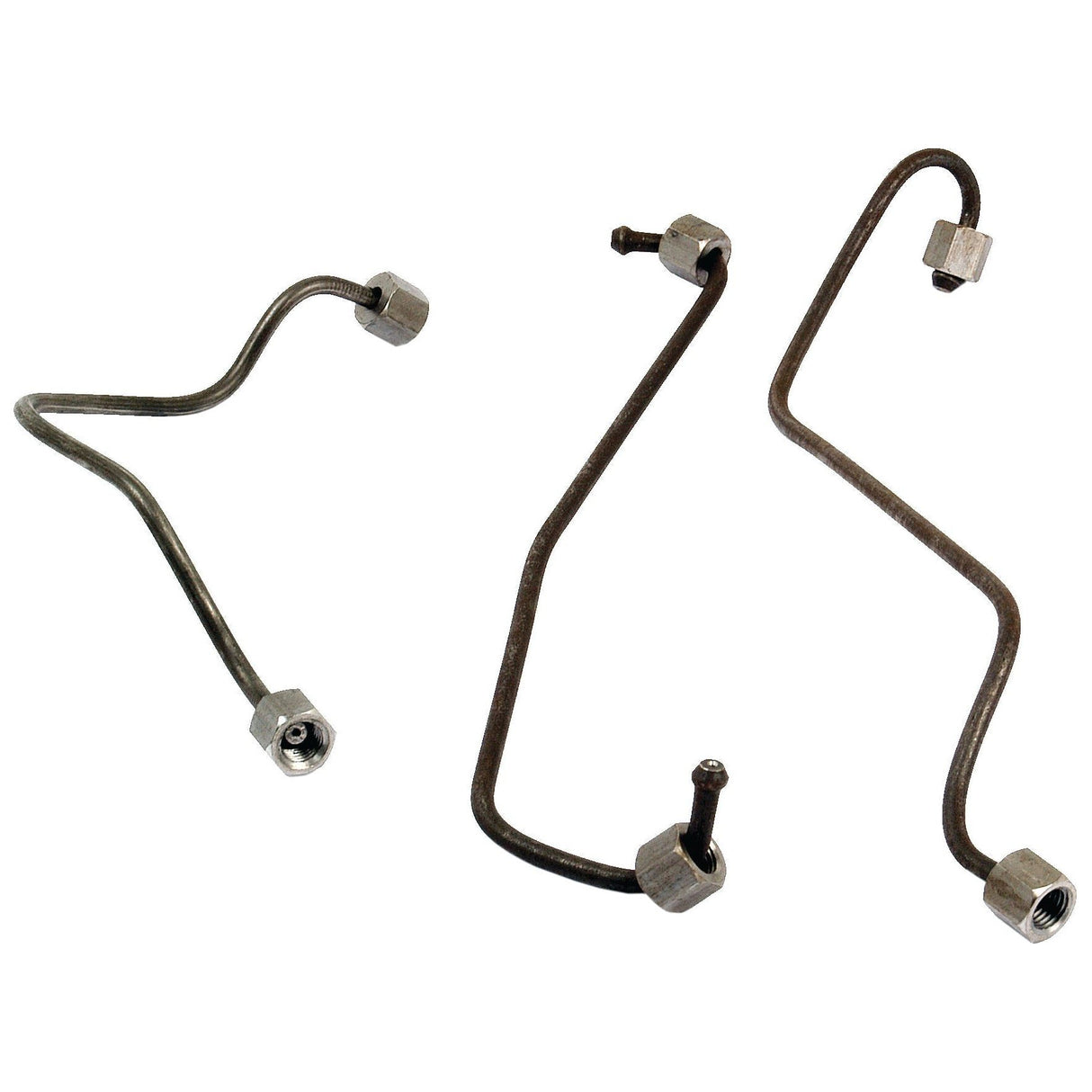 Three metal brake lines with bent shapes and connectors at each end, placed on a white background, reminiscent of the Sparex Fuel Injector Pipe Set | Sparex Part No. S.41608.