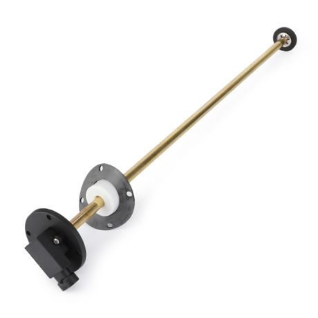 A long, cylindrical brass rod with a flange at one end and a black rectangular component attached, designed for Fendt models like the 411 Vario, known as the AGCO Fendt Fuel Level Indicator (G404200060010).