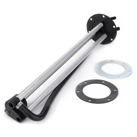 A long metal cylinder component with attached tubing and three circular gaskets positioned beside it, the Fendt - Fuel Level Sensor - G339202060023 by AGCO is compatible with the Fendt Vario series.