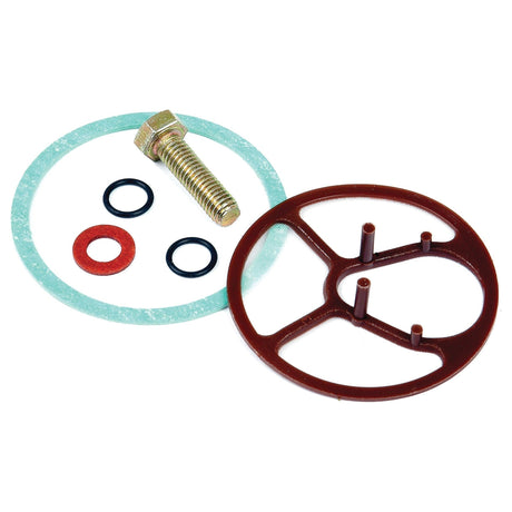 Assorted hardware items for Deutz-Fahr tractors, including a threaded bolt, green gasket, red washer, black rings, and a brown plastic component with three spokes. Ideal as part of the Sparex Fuel Lift Pump Repair Kit (Part No. S.36018).