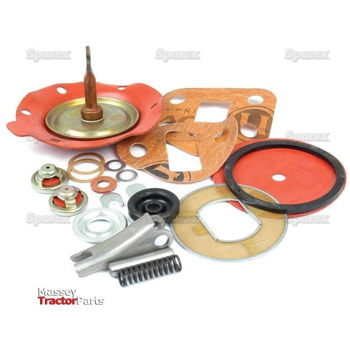 A variety of Massey Ferguson parts are laid out, featuring gaskets, a diaphragm, washers, springs, and other small components from the Sparex Fuel Lift Pump Repair Kit (Part No. S.41634).