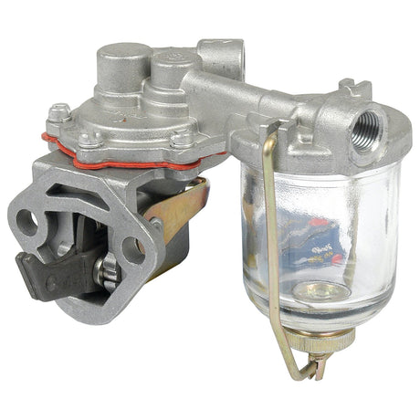 A close-up image of the Sparex Fuel Lift Pump (Part No. S.40558) for Massey Ferguson tractors, showcasing a metal housing with a glass bowl reservoir attached at the bottom right corner. The pump also includes pipes and fastening clamps.