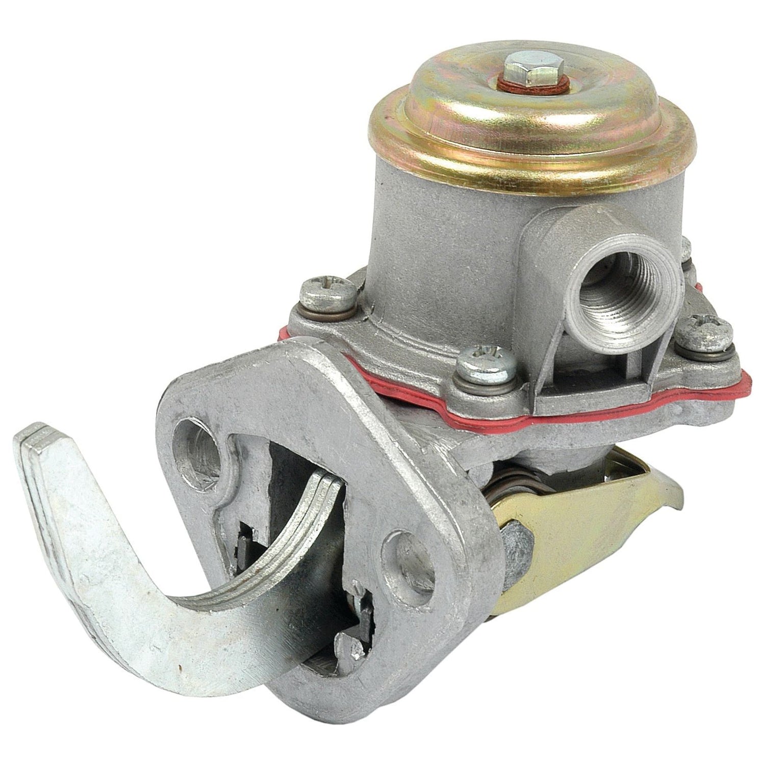 A Sparex Fuel Lift Pump (Part No. S.42965) in gray and metallic finish, featuring a curved arm and multiple bolts, designed for use in automotive engines such as the Massey Ferguson or Landini 826154M91 models.