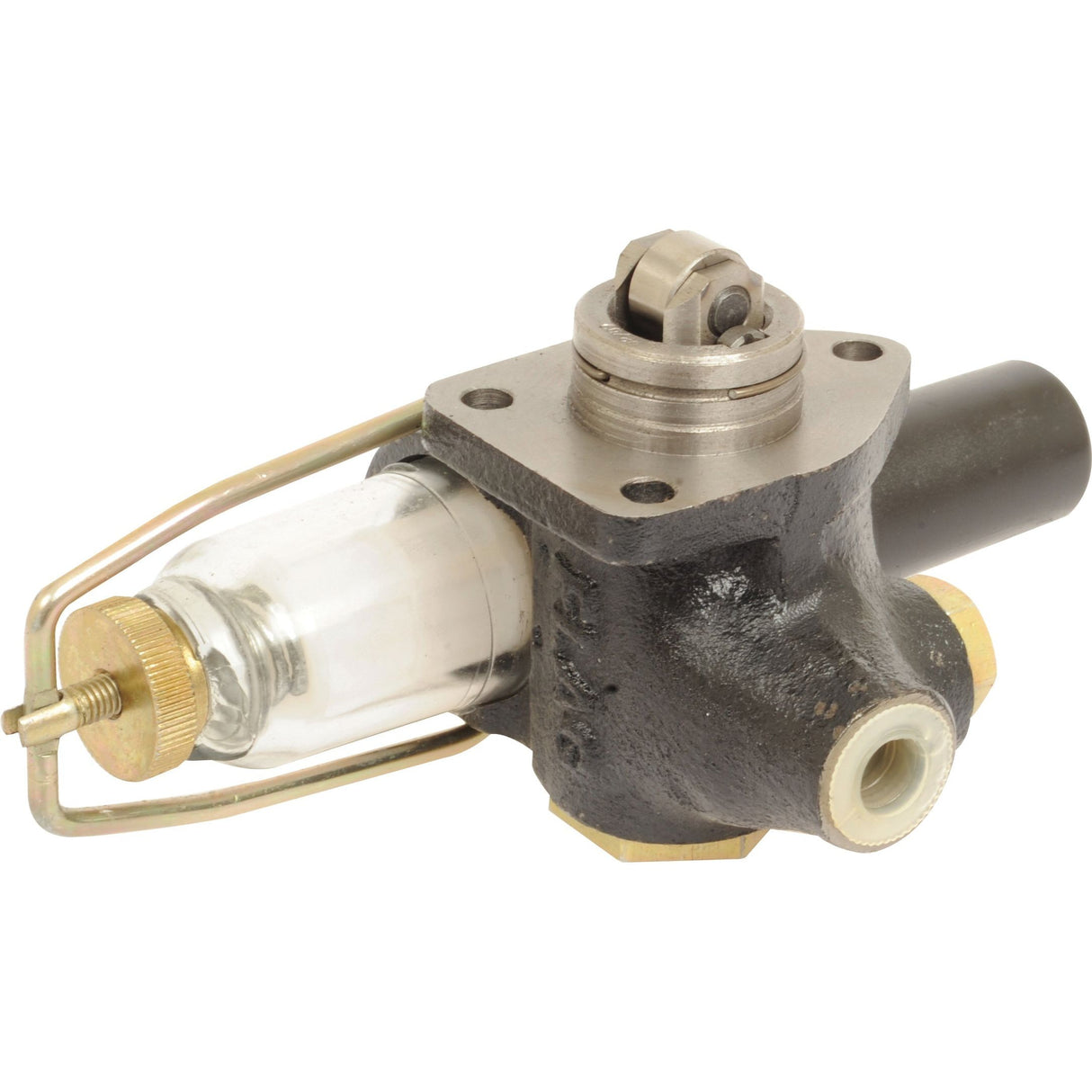 The "Fuel Lift Pump | Sparex Part No.S.44979" by Sparex is a metallic mechanical component with a cylindrical glass enclosure, various nozzles, a brass screw, and a black cylindrical outlet, often used as part of the Bosch Fuel Lift Pump system.