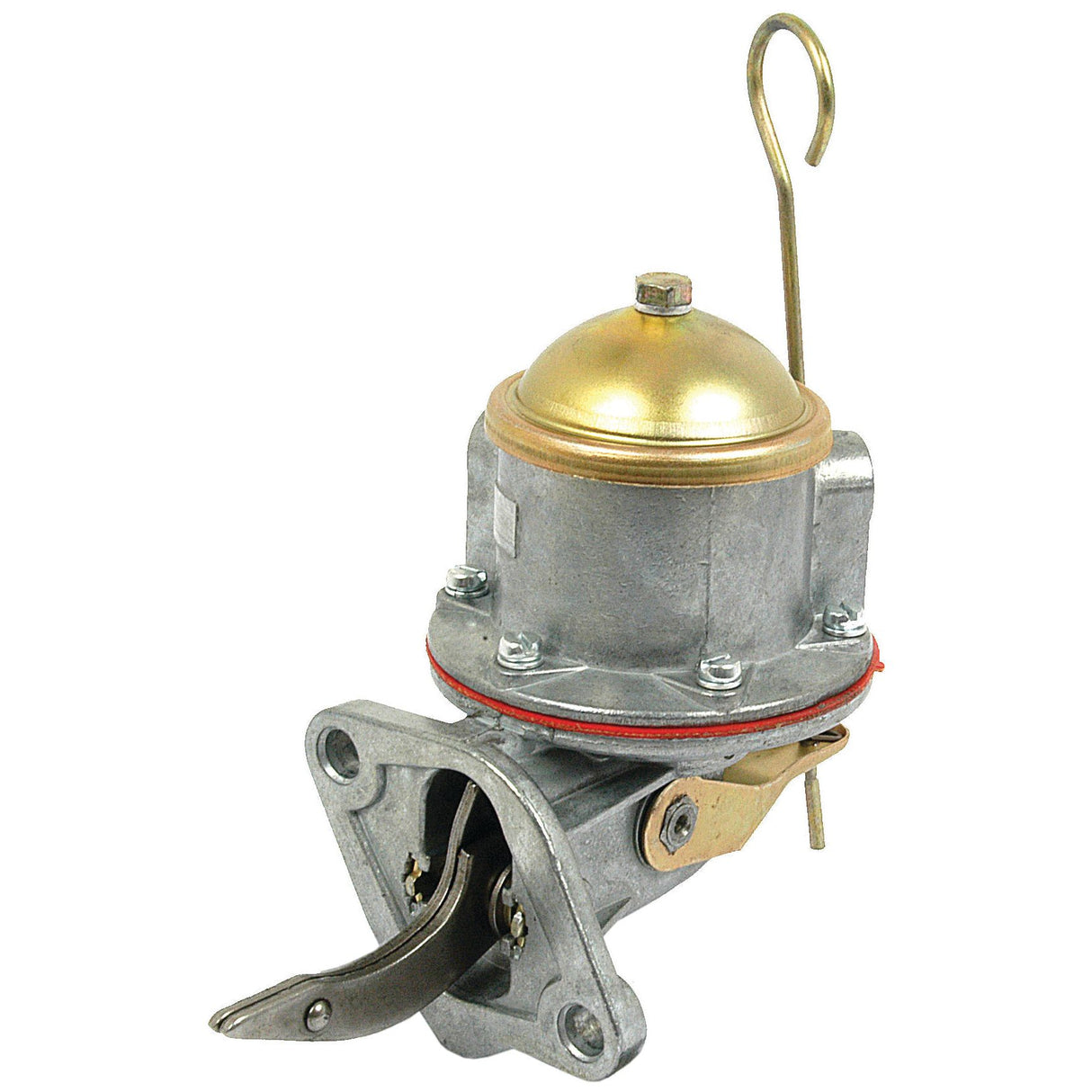The Sparex Fuel Lift Pump (Part No. S.52622) features a cylindrical top, mounting flange, and curved lever arm, with a curved metal hook attached to the top for easy handling. It is suitable for various applications including Leyland models.