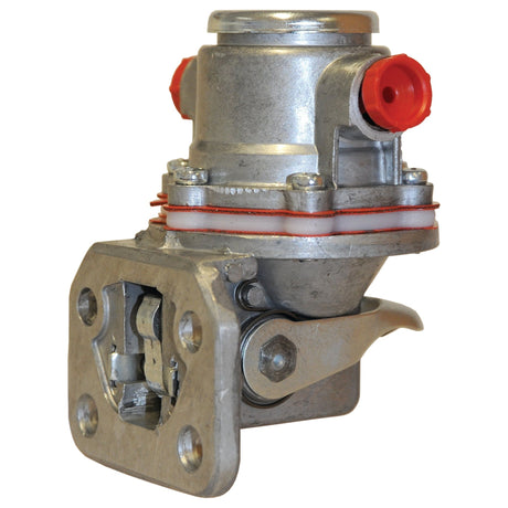 A close-up view of the Sparex Fuel Lift Pump (Sparex Part No. S.58759) featuring a silver finish with red inlet and outlet ports, reminiscent of those found on classic Lamborghini R1156 tractors. The pump is mounted on a metal bracket with a visible lever mechanism.