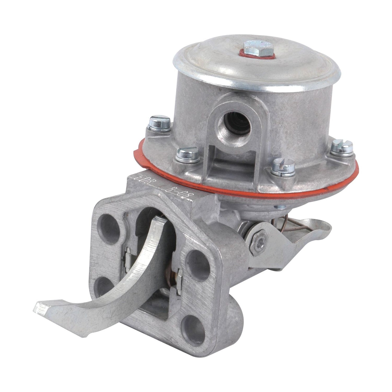 The Sparex Fuel Lift Pump | Part No. S.58762 is a metallic mechanical pump featuring a cylindrical top section, multiple bolts, and various attachment points; it is compatible with Landini and Massey Ferguson tractors.
