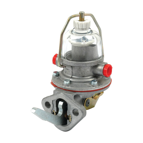 The Sparex Fuel Lift Pump, Part No. S.66105, features a metallic body, glass cover, red connection points, and a mounting bracket, making it an ideal fit for Ford New Holland vehicles.