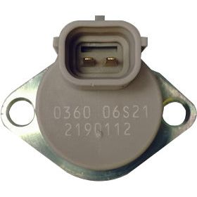 A close-up view of a small, circular electronic component with a gray plastic casing and two metal prongs inside a connector port. Serial numbers are printed on its front surface, indicating it is likely part of the Sparex Fuel Metering Control Valve (Part No.S.151159) used in John Deere machinery.