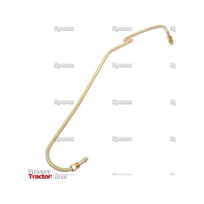 A metallic fuel pipe assembly with two threaded ends, showcased against a plain background with "Massey Tractor Parts" and "Sparex" watermarks, is ideal for use in a Massey Ferguson lift pump. This product is known as the Fuel Pipe | Sparex Part No.S.43887 from the brand Sparex.