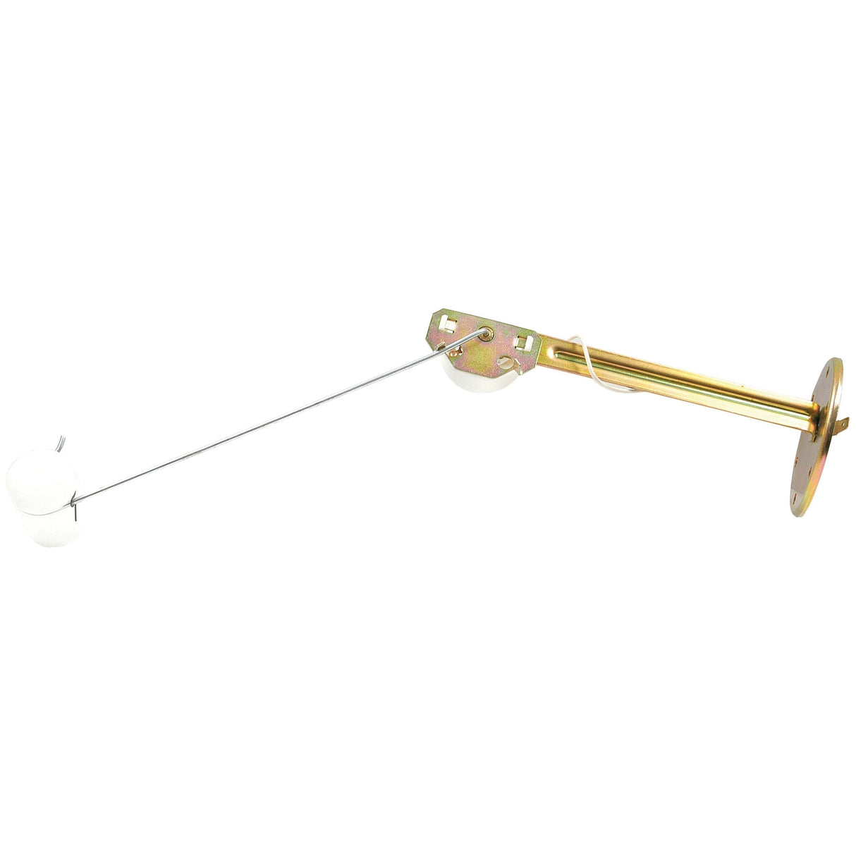 The Fuel Sender Unit (Sparex Part No. S.43540) by Sparex features a metallic float switch assembly with a long, thin rod attached to a white plastic float on one end and a mounting bracket on the other end, compatible with Massey Ferguson and Landini fuel sender units.