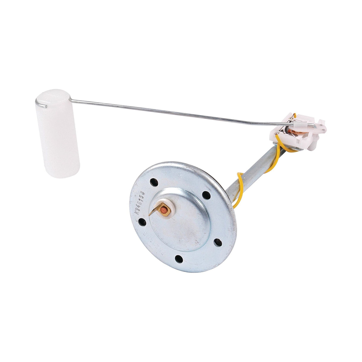A top-mounted cylindrical metal device with a round base and an attached float on a thin metal rod, known as the Sparex Fuel Sender Unit (Sparex Part No. S.57584), is designed for measuring liquid levels.