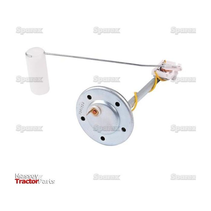 The Sparex Fuel Sender Unit (Part No. S.57584) is a silver device designed for use in vehicles. It features an attached float and sensor, with a top-mounted, round mounting plate equipped with bolt holes and wires extending from the sensor.