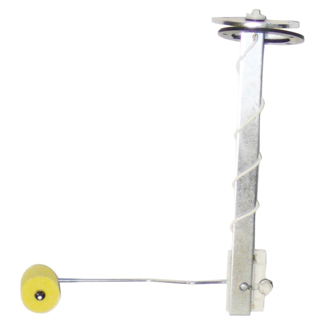 The Sparex Fuel Sender Unit (Part No. S.58794) features a cylindrical float on a rod, and is connected to a vertical, rectangular shaft with screw holes at the top. Compatible with Ford New Holland tractors, this 12V unit ensures accurate fuel level readings.