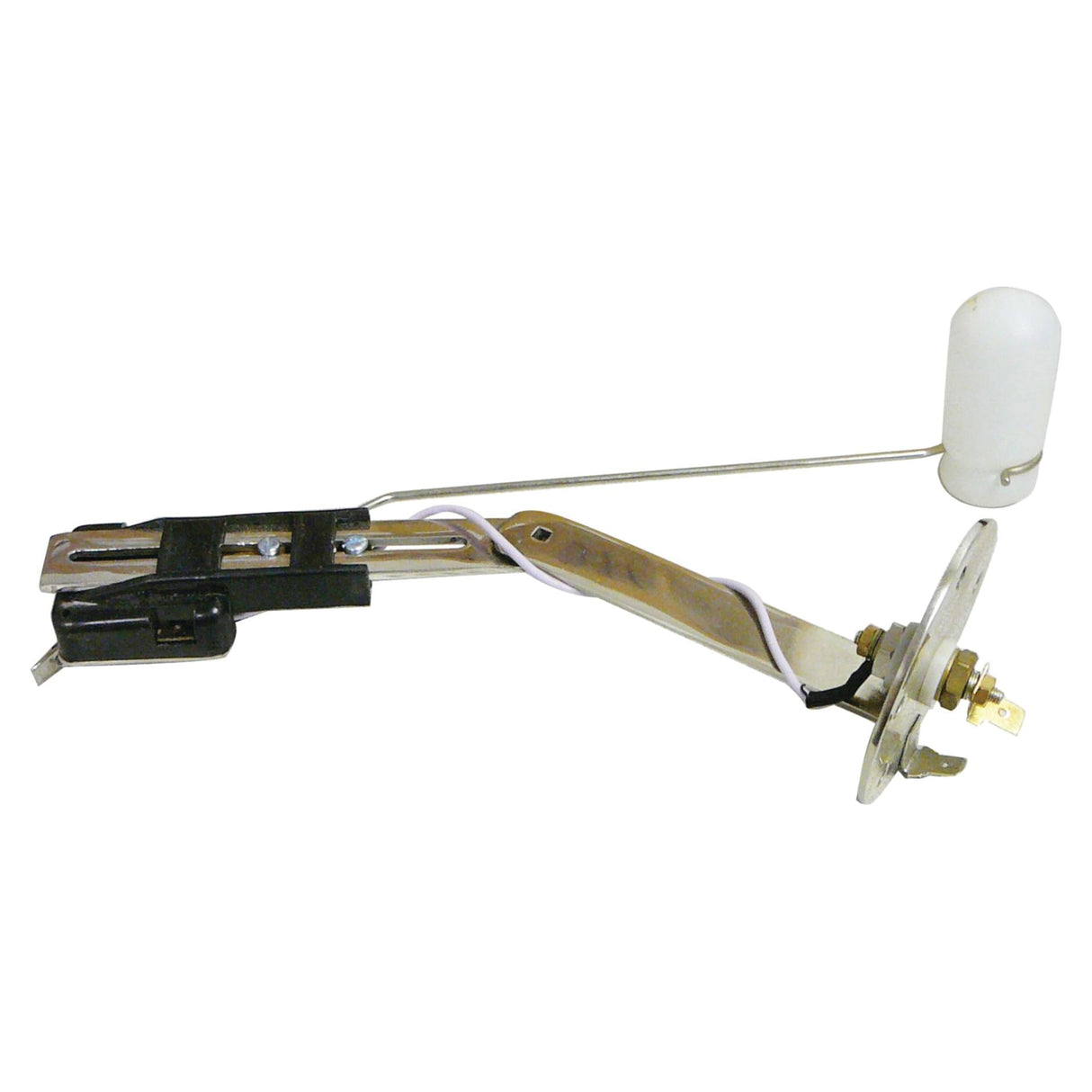 The Sparex Fuel Sender Unit (Part No. S.68886) features an elongated housing made of metal and plastic, an electrical connector, and a white float attached to a thin metal rod, and is compatible with International Harvester and Case IH vehicles.