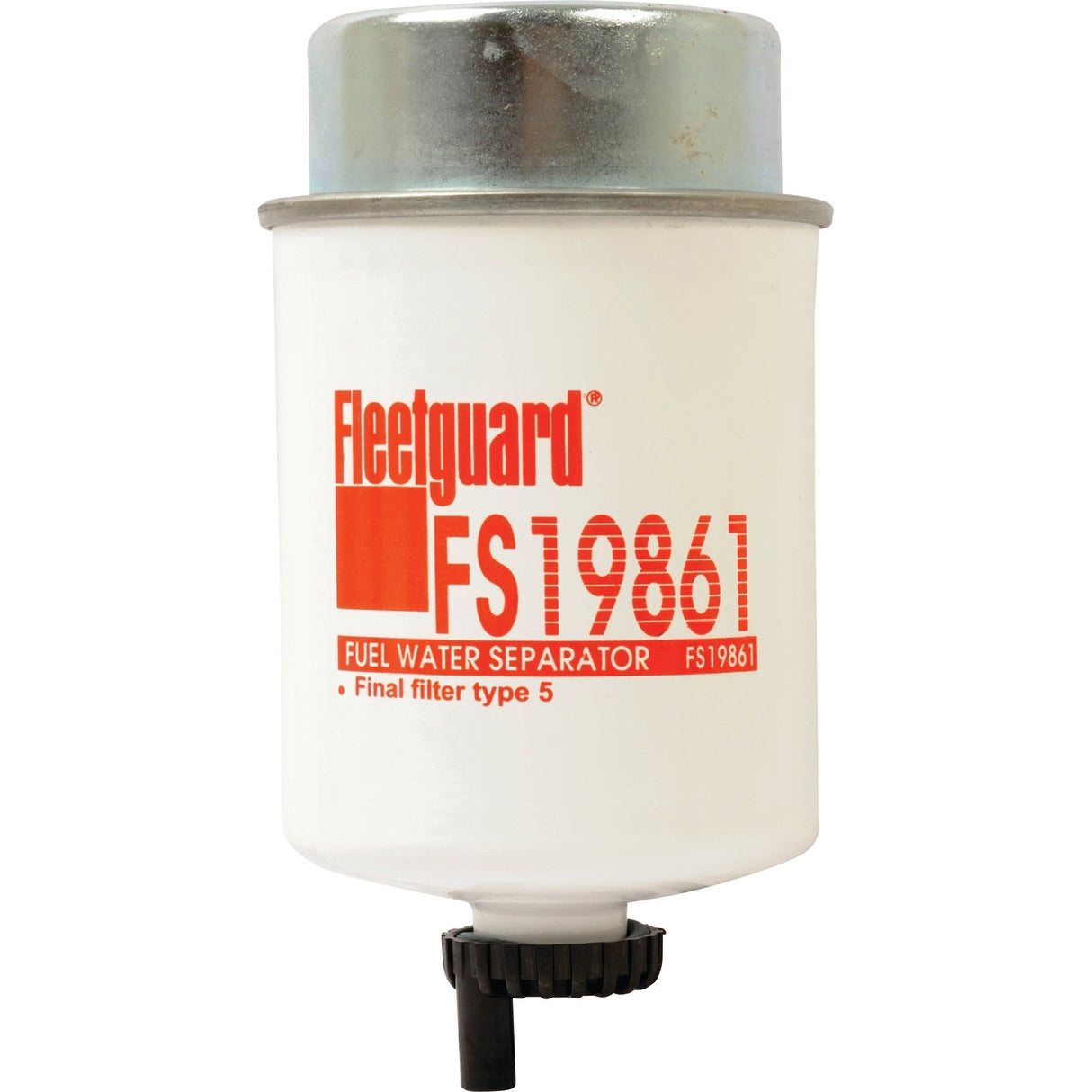 The Sparex Fuel Separator - Spin On - FS19861 (Sparex Part No. S.76320) is a white, cylindrical fuel water separator with a metal top, featuring red text and a black nozzle at the bottom. Its advanced 5 Micron filtration technology ensures optimal performance in harsh conditions.