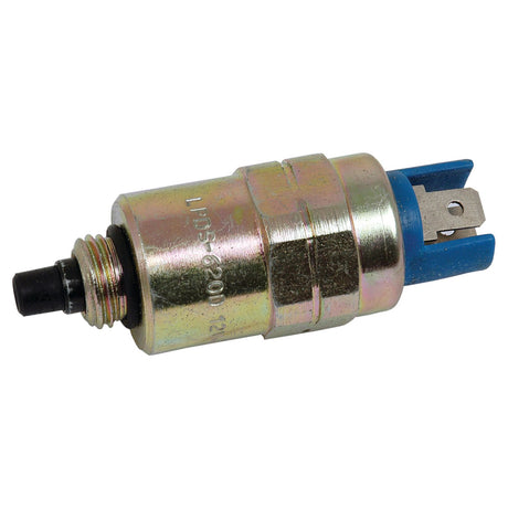 Close-up of a Sparex Fuel Shut Off Solenoid (Sparex Part No. S.42699) featuring a metallic construction with a threaded end and a blue plastic connector, compatible with Massey Ferguson equipment.