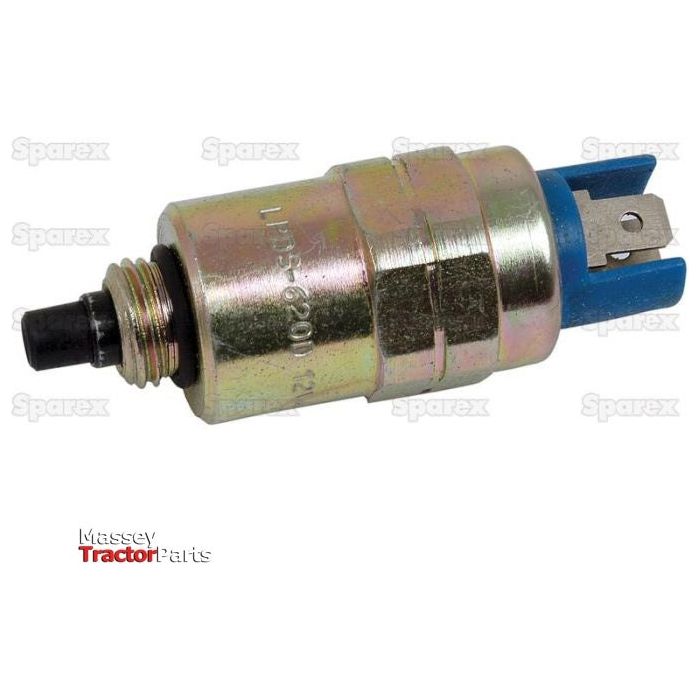 Close-up image of a metallic Fuel Shut Off Solenoid (Sparex Part No.S.42699), featuring a threaded end and a blue plastic connector, ideal for Massey Ferguson and Case IH / International Harvester applications. The background includes faded, repetitive "Sparex" text.