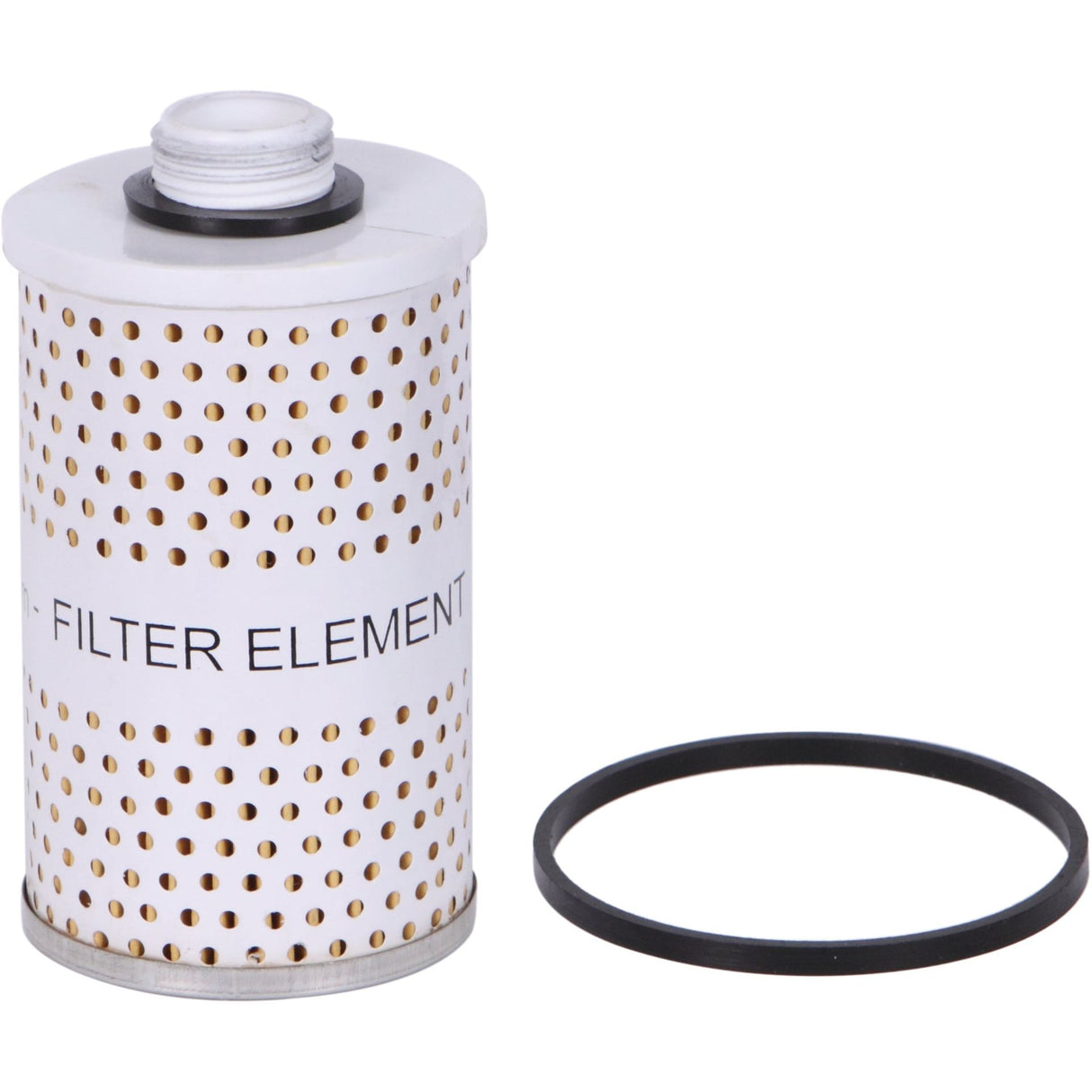 The Fuel Storage Tank Filter Element - 10 Microns - S.73155 from Sparex, featuring a cylindrical design and rated at 10 GPM with a perforated outer surface, is shown beside a black rubber O-ring.