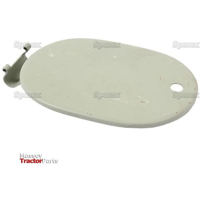 Oval-shaped, light gray fuel tank cover panel with a small hole on one end and a hook on the other, branded "Sparex" under Part No. S.43142, suitable for Massey tractors and comparable to parts from Case IH tractors.