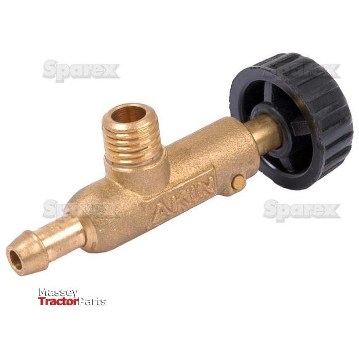 The Fuel Tank Shut Off Valve, Sparex Part No. S.67207, features a brass body and a black plastic knob for controlling fluid flow in Universal Tractors. This Sparex component ensures reliable performance and efficient fluid management.