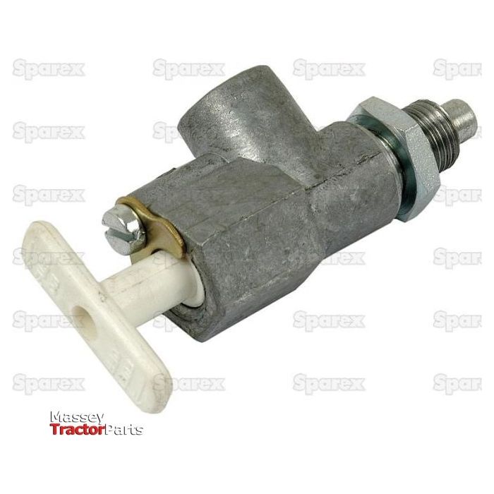 A Fuel Tap (Sparex Part No. S.42639) with a white plastic handle and connecting hardware is displayed against a white background, marked with the "Sparex" and "Massey Ferguson" logos, featuring a 1/2'' UNF female outlet.