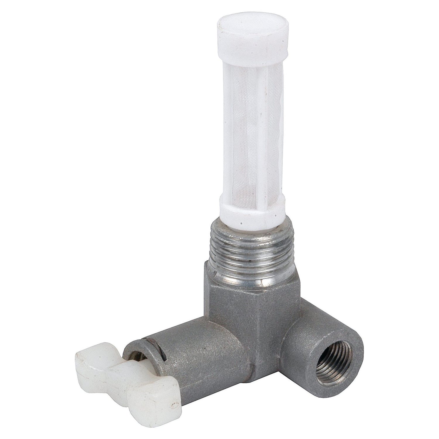 The Sparex Fuel Tap Gauze Filter (Sparex Part No. S.65286) features a plastic plumbing valve with a white handle and a cylindrical mesh filter on top, making it suitable for Ford/New Holland applications.