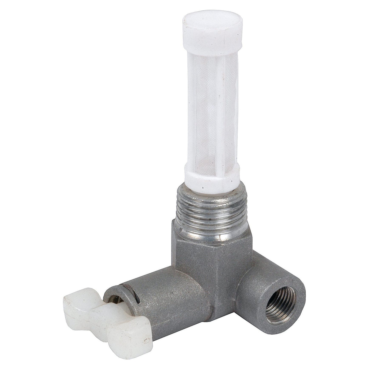 The Sparex Fuel Tap Gauze Filter (Sparex Part No. S.65286) features a plastic plumbing valve with a white handle and a cylindrical mesh filter on top, making it suitable for Ford/New Holland applications.